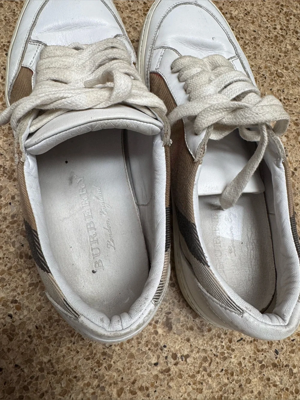 Burberry Tan Check & White Low-Top Sneakers for Men
